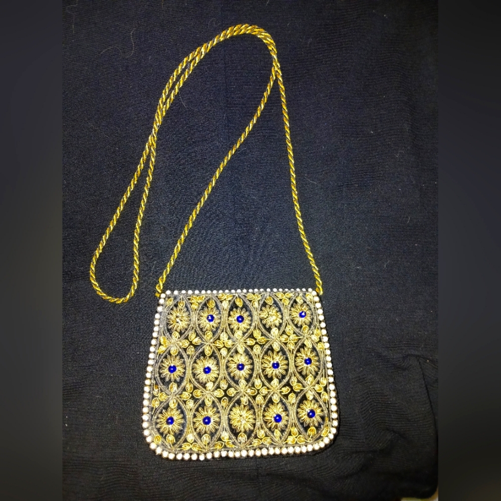 STUNNING sequins Gold and Blue and white pearl cross body